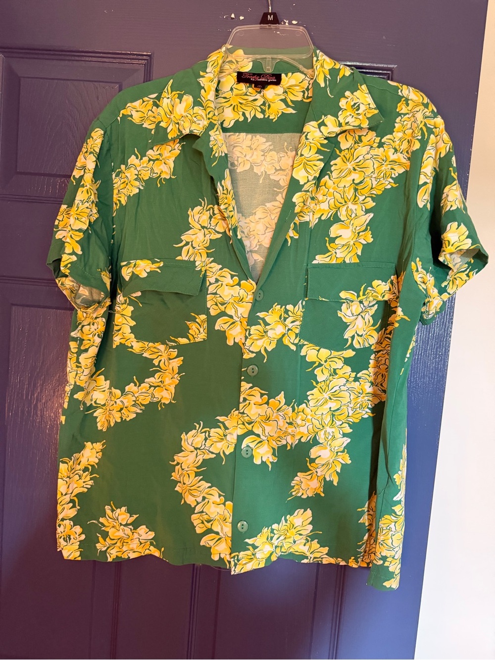 Trashy Diva Green Button-Up Fred Shirt with Yellow Floral Print L